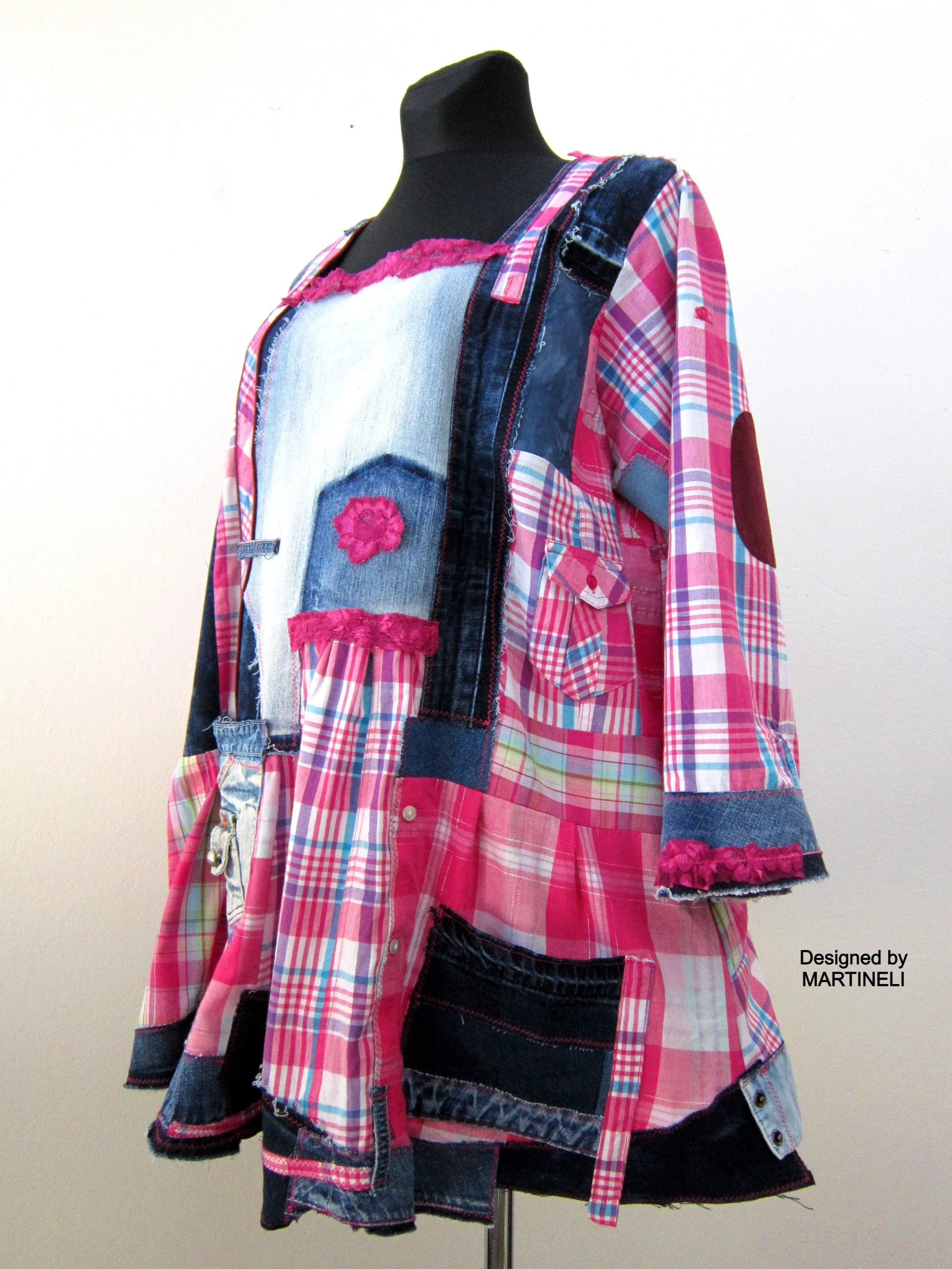 Plus Size Dress for Women,2X Upcycled Denim Shirt Dress,Pink Cotton Tunic Top