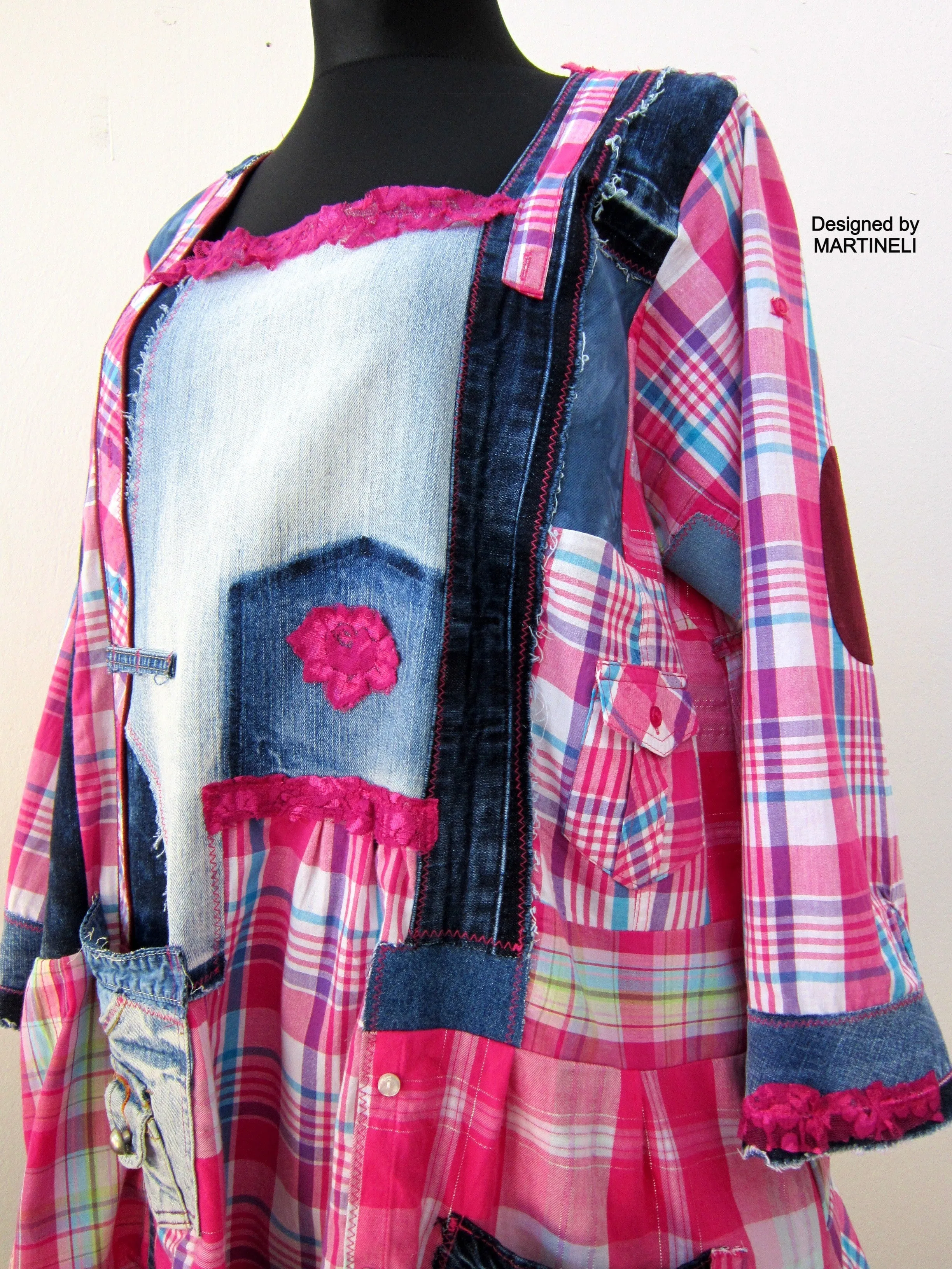 Plus Size Dress for Women,2X Upcycled Denim Shirt Dress,Pink Cotton Tunic Top