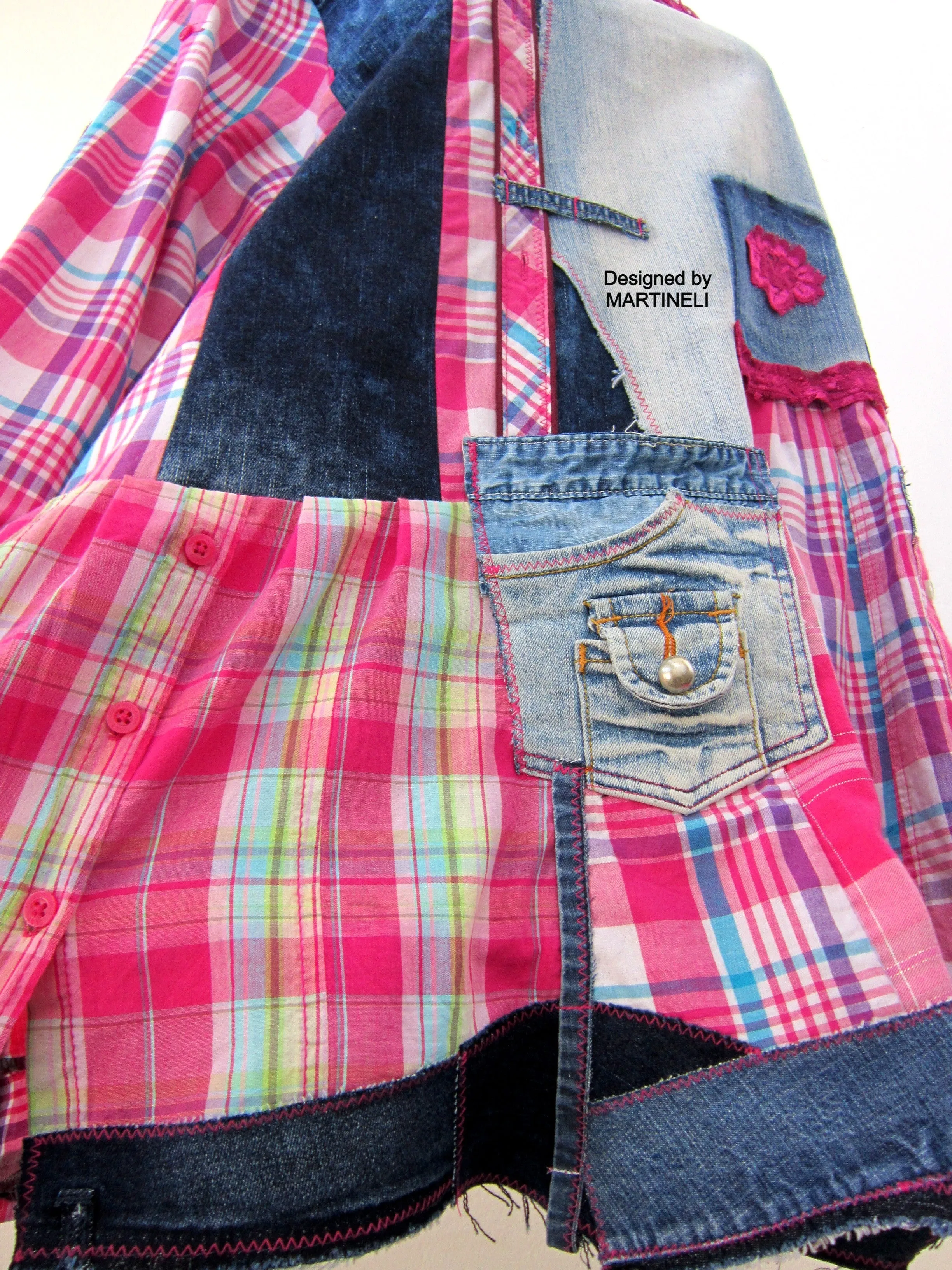 Plus Size Dress for Women,2X Upcycled Denim Shirt Dress,Pink Cotton Tunic Top