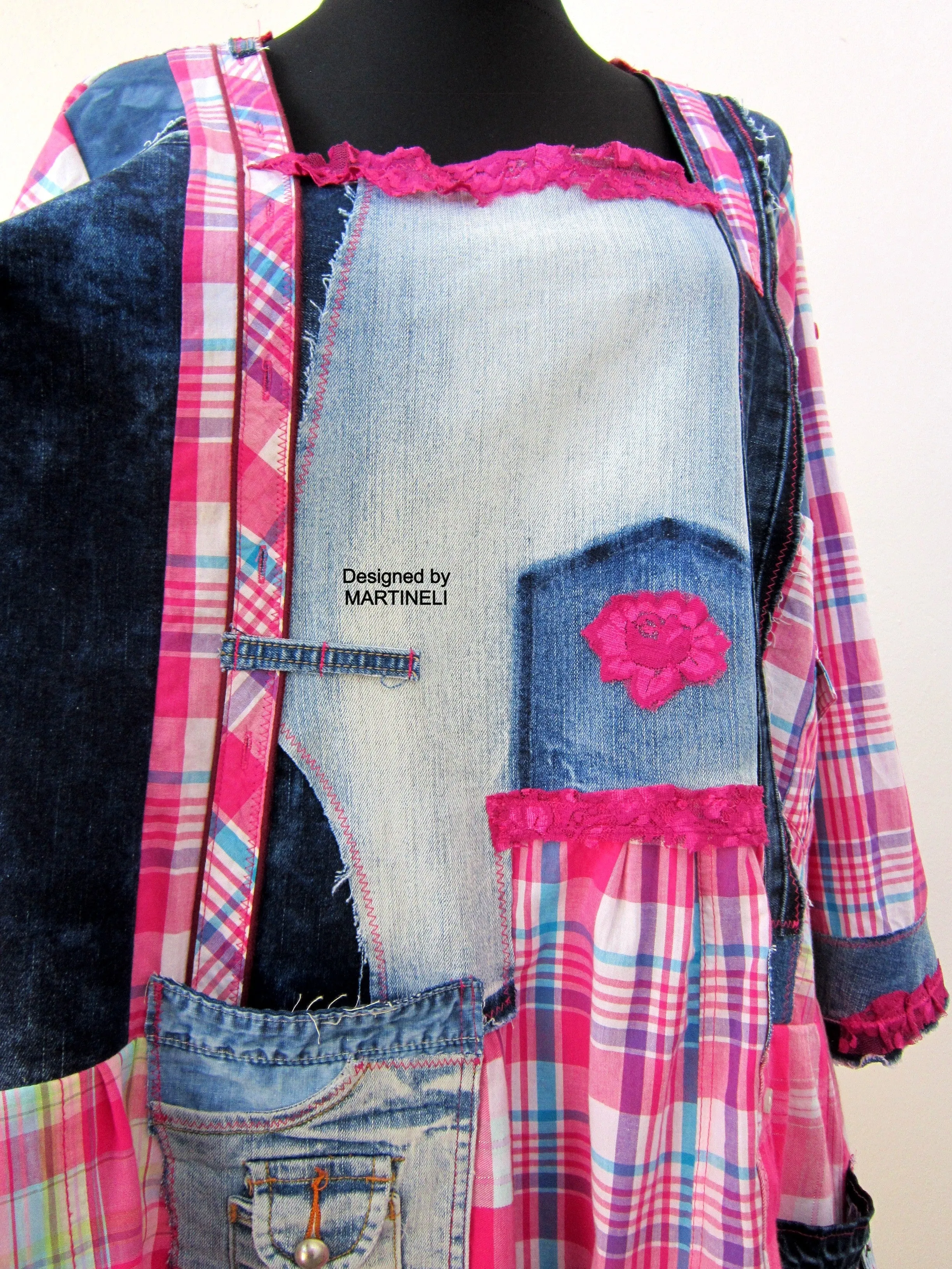 Plus Size Dress for Women,2X Upcycled Denim Shirt Dress,Pink Cotton Tunic Top