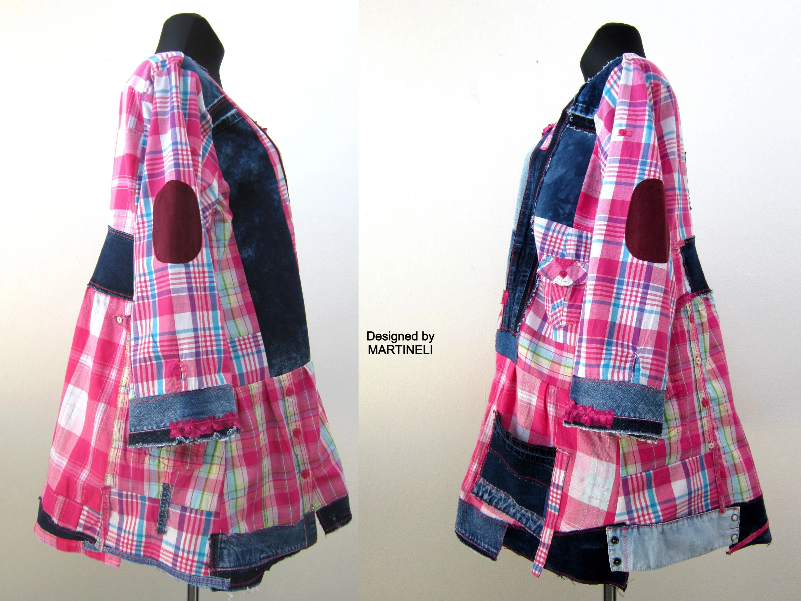 Plus Size Dress for Women,2X Upcycled Denim Shirt Dress,Pink Cotton Tunic Top