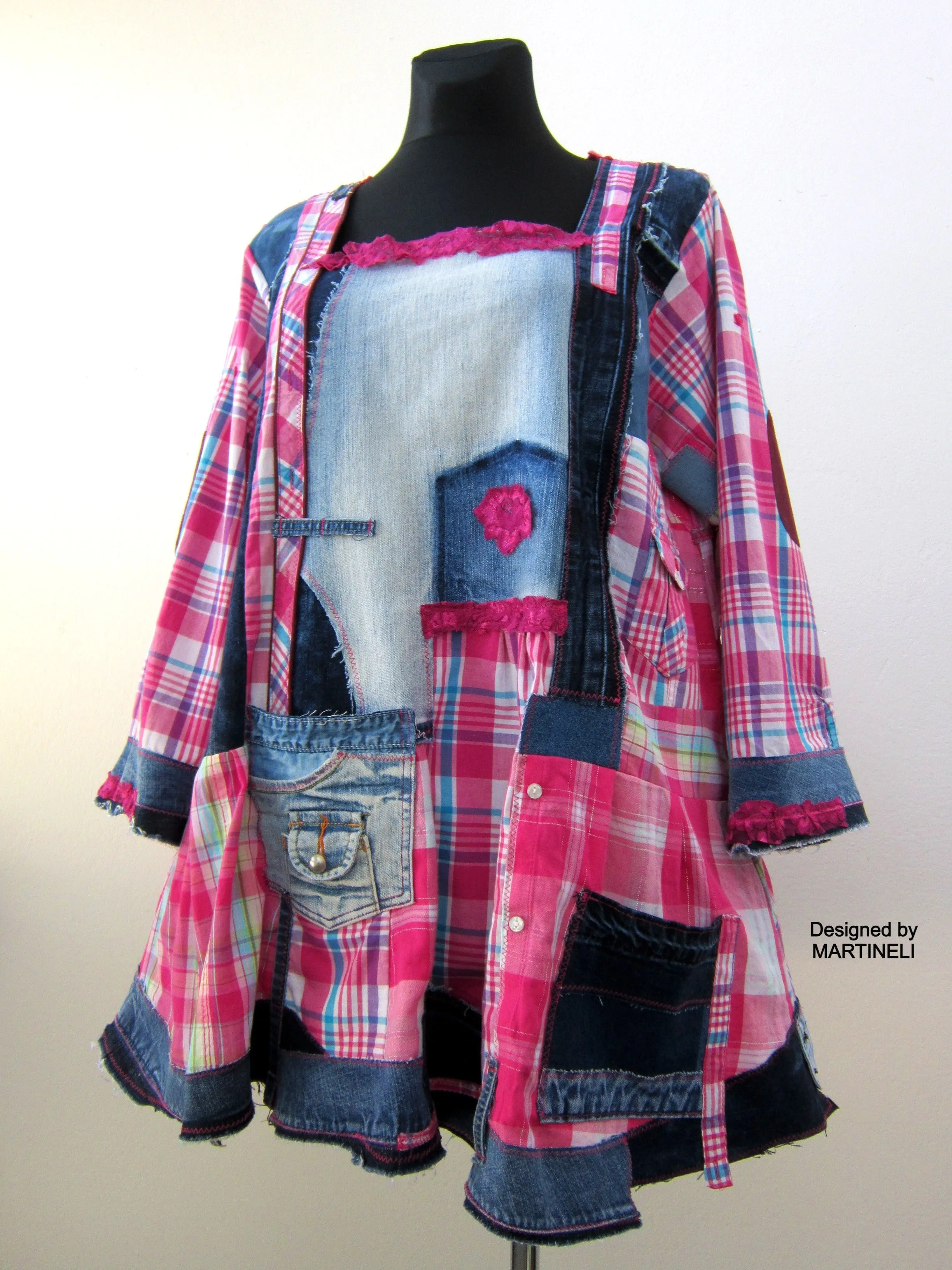 Plus Size Dress for Women,2X Upcycled Denim Shirt Dress,Pink Cotton Tunic Top