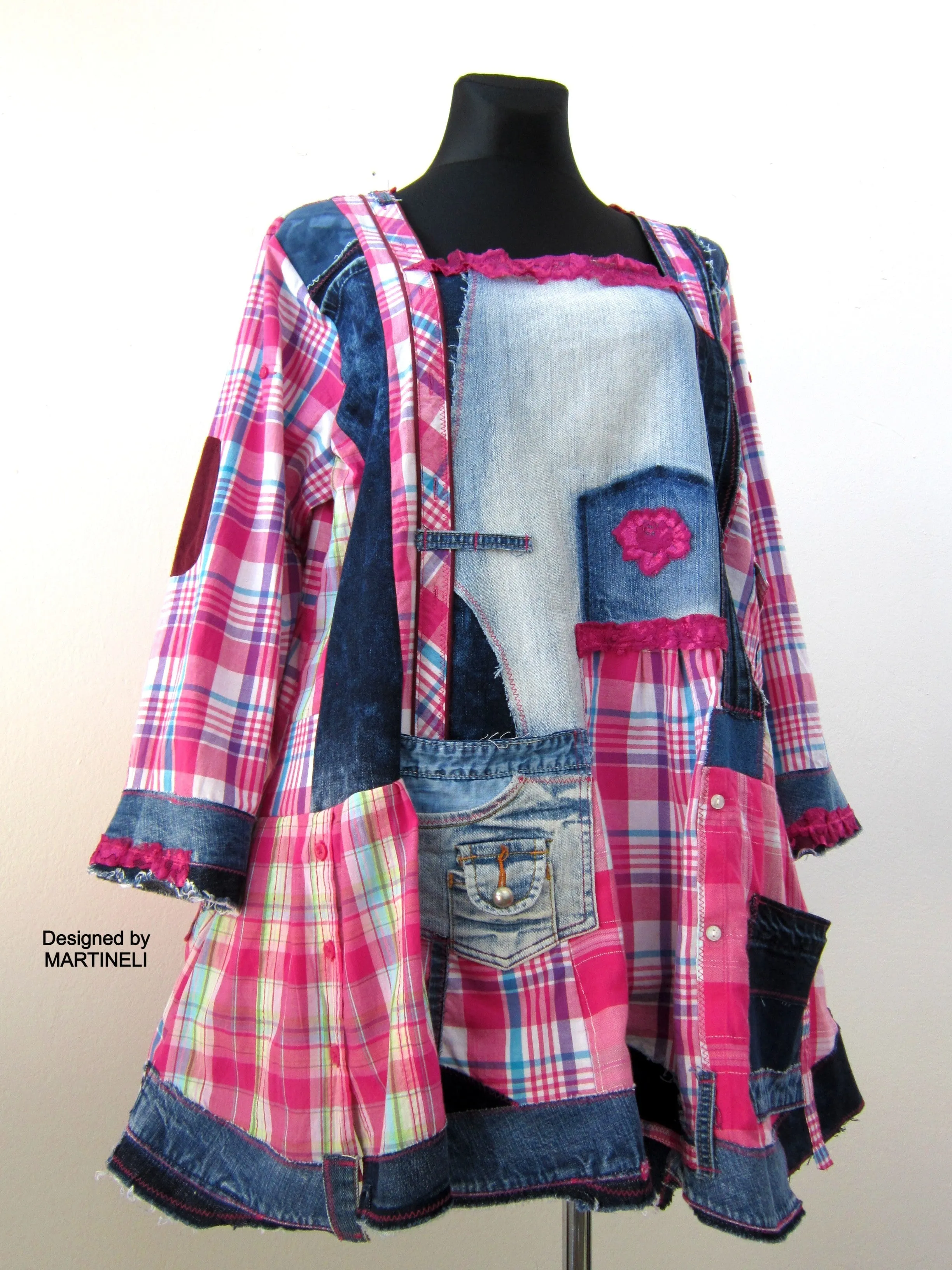 Plus Size Dress for Women,2X Upcycled Denim Shirt Dress,Pink Cotton Tunic Top