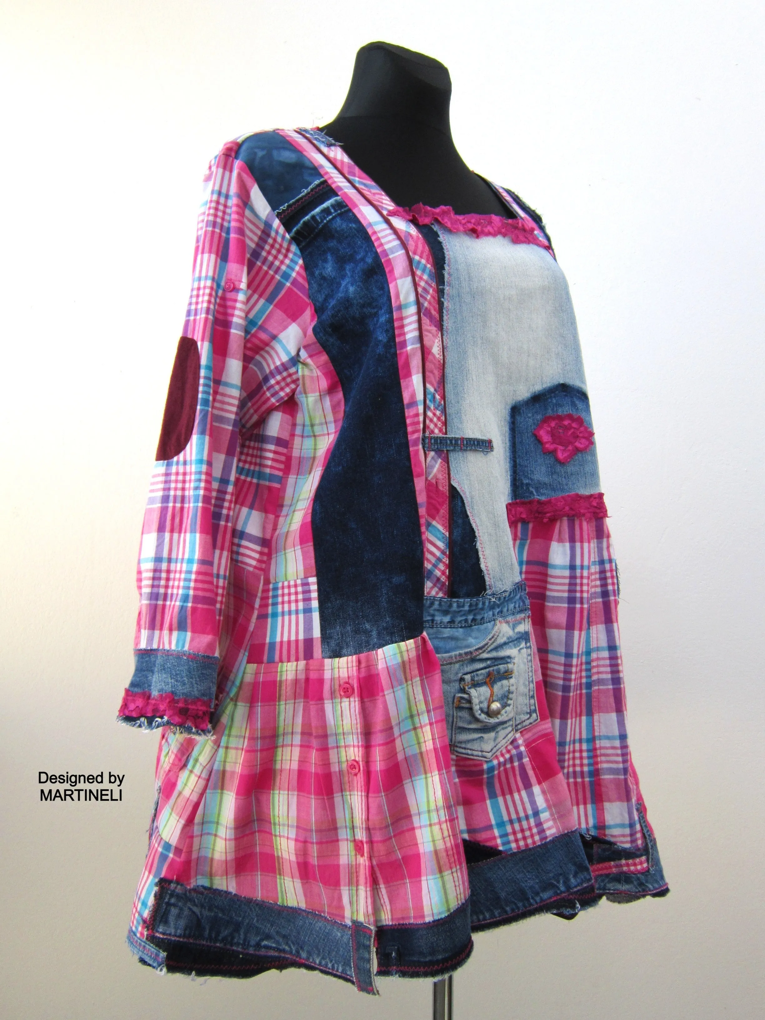 Plus Size Dress for Women,2X Upcycled Denim Shirt Dress,Pink Cotton Tunic Top