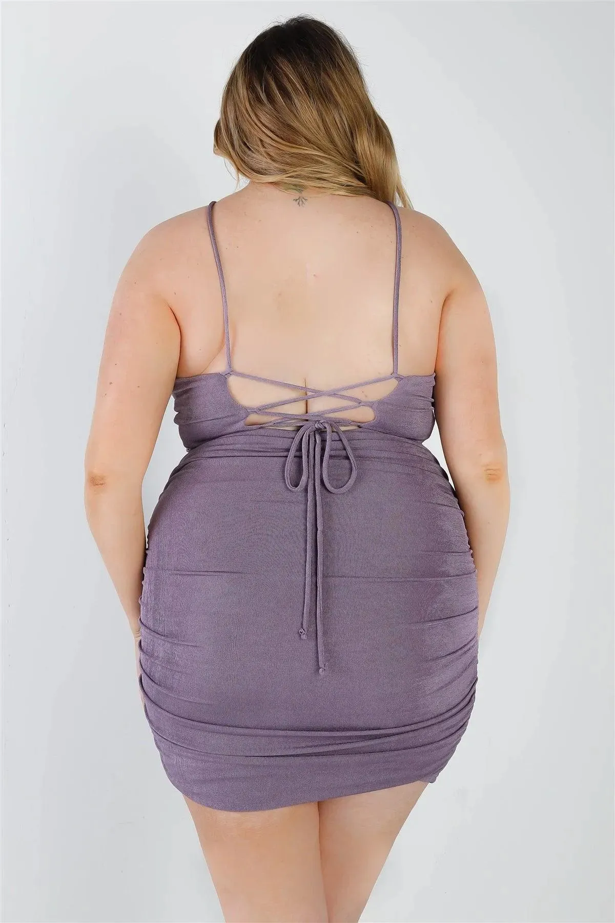 Plus Size Ruched Back Lace Down Mini Dress /2-2-2