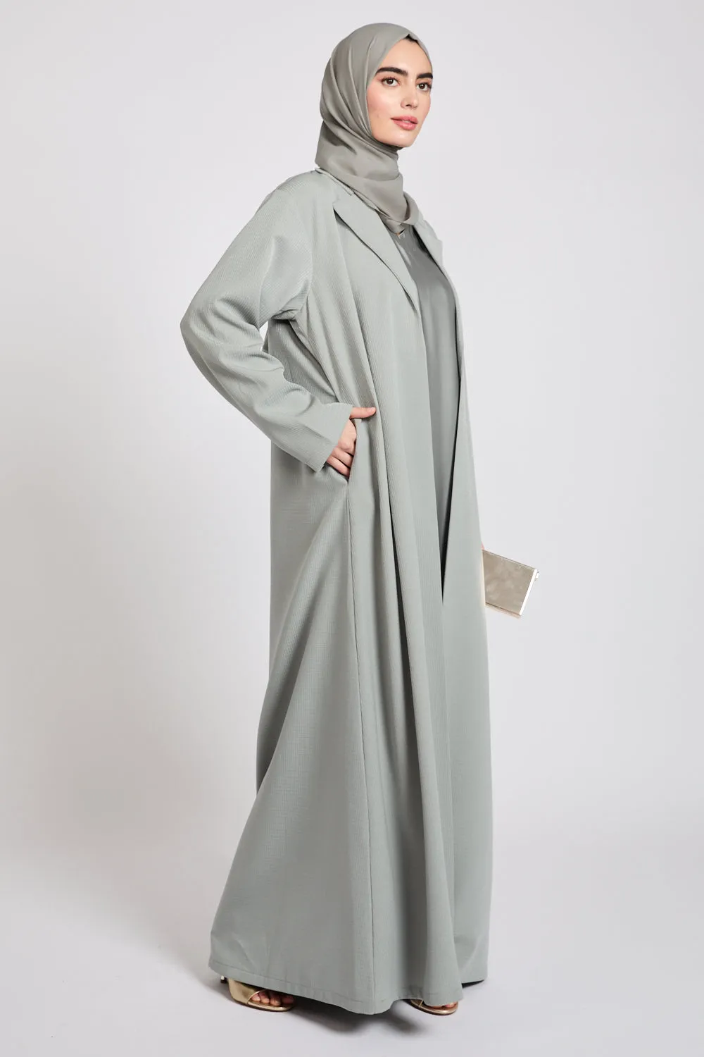 Premium Jacquard Blazer Open Abaya - Smoky Sage