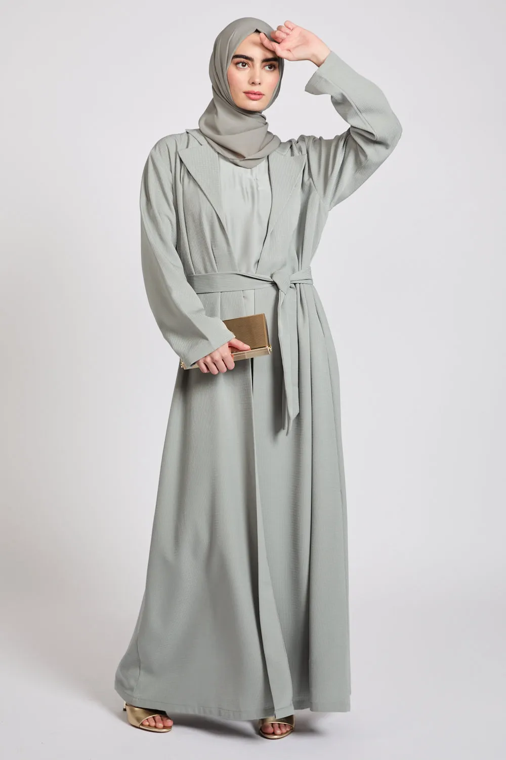 Premium Jacquard Blazer Open Abaya - Smoky Sage