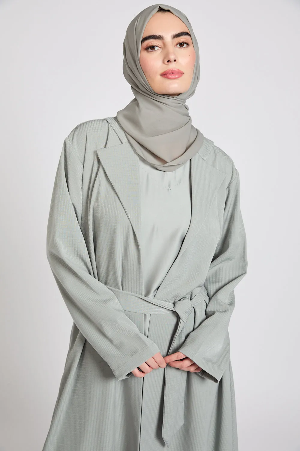 Premium Jacquard Blazer Open Abaya - Smoky Sage