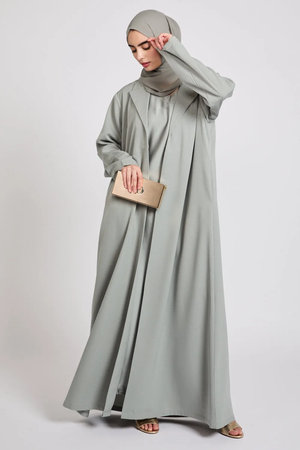 Premium Jacquard Blazer Open Abaya - Smoky Sage