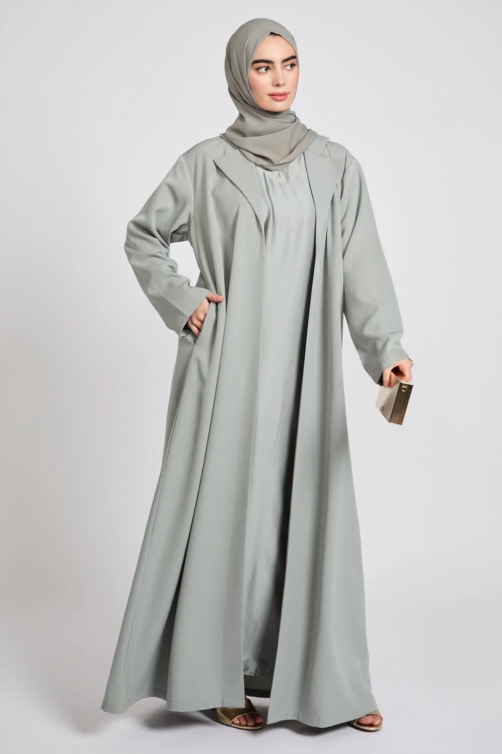 Premium Jacquard Blazer Open Abaya - Smoky Sage