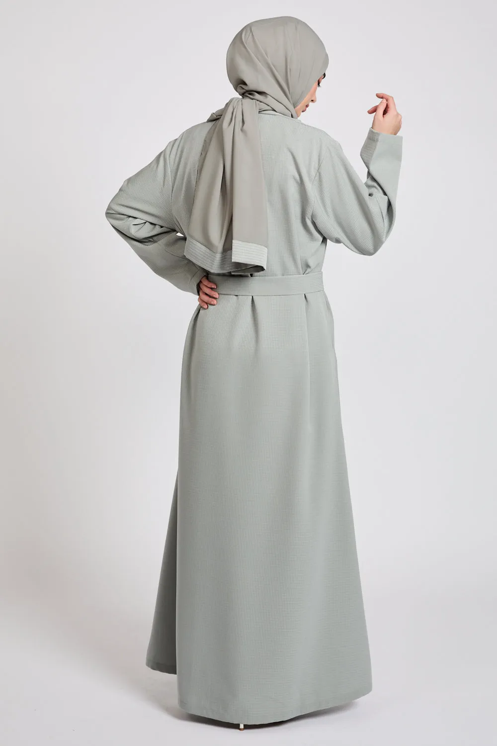 Premium Jacquard Blazer Open Abaya - Smoky Sage