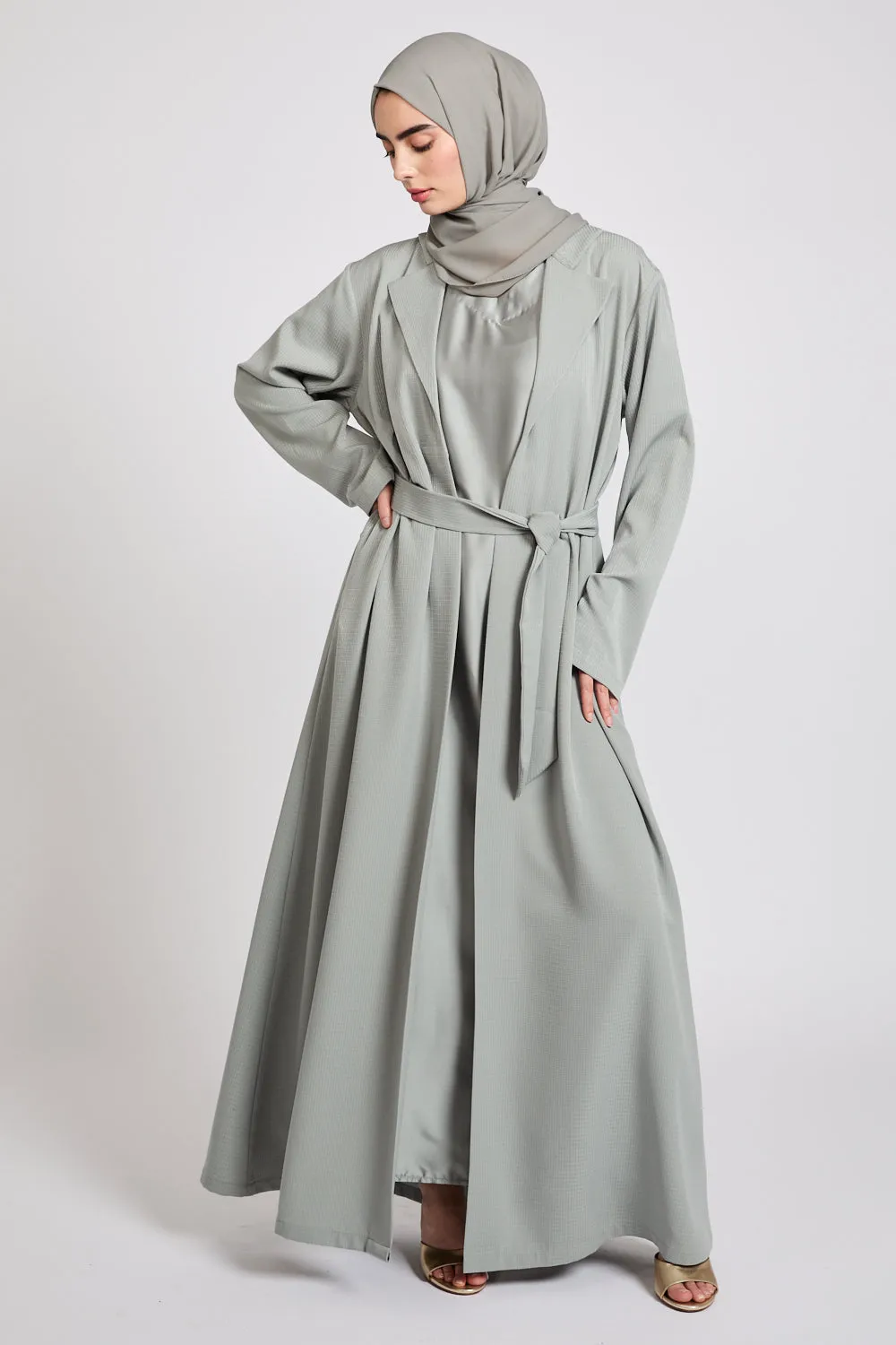 Premium Jacquard Blazer Open Abaya - Smoky Sage