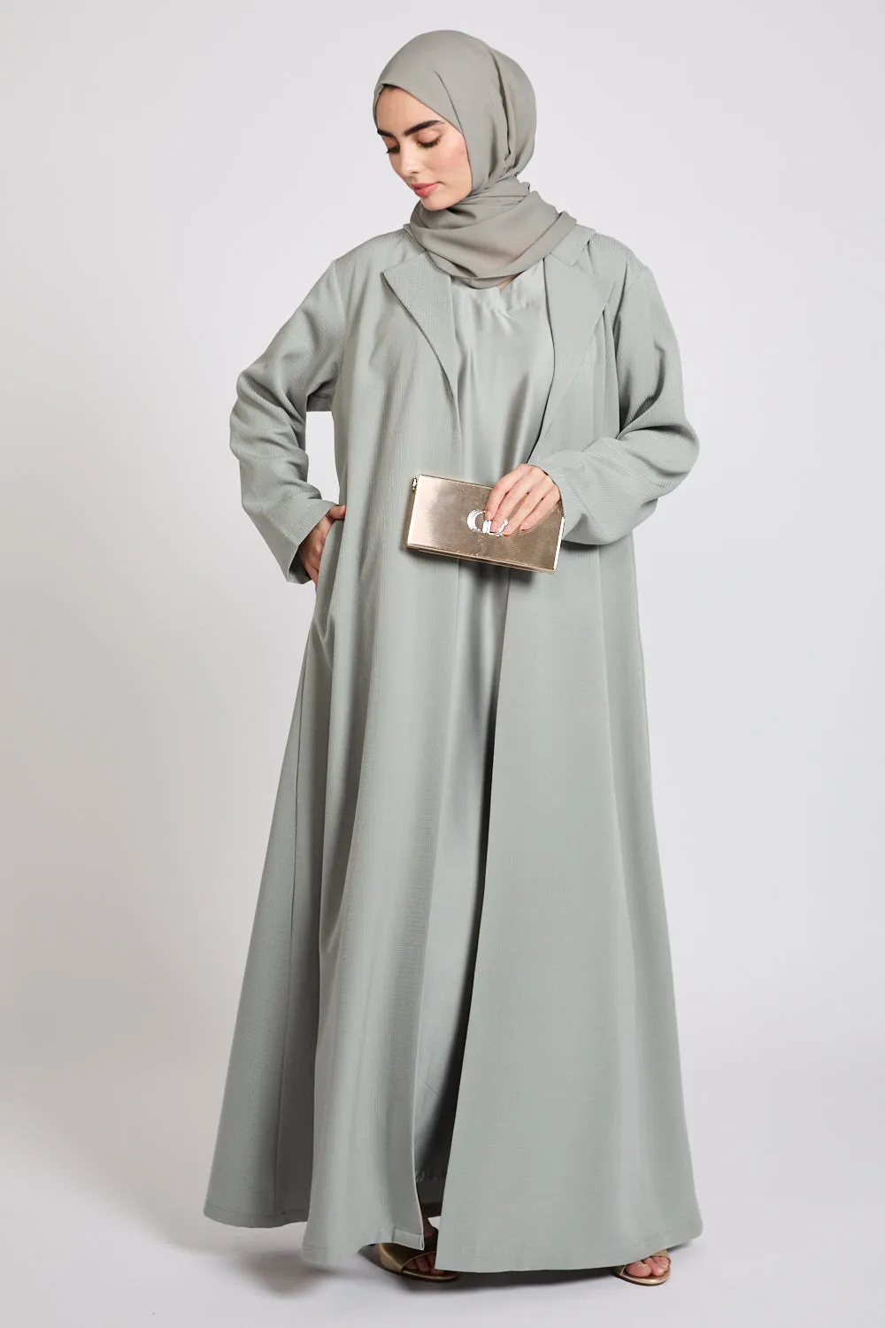 Premium Jacquard Blazer Open Abaya - Smoky Sage