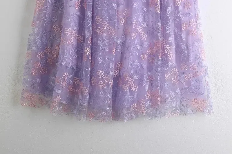Primrose's Floral Tulle Skirt Embroidered Lace High Waist Midi Skirt
