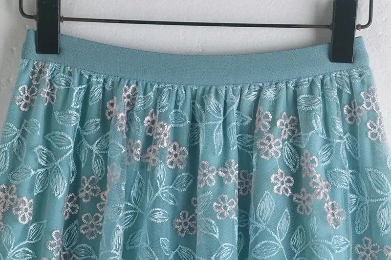 Primrose's Floral Tulle Skirt Embroidered Lace High Waist Midi Skirt