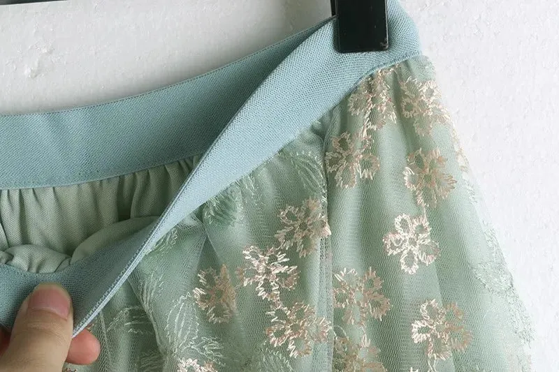Primrose's Floral Tulle Skirt Embroidered Lace High Waist Midi Skirt