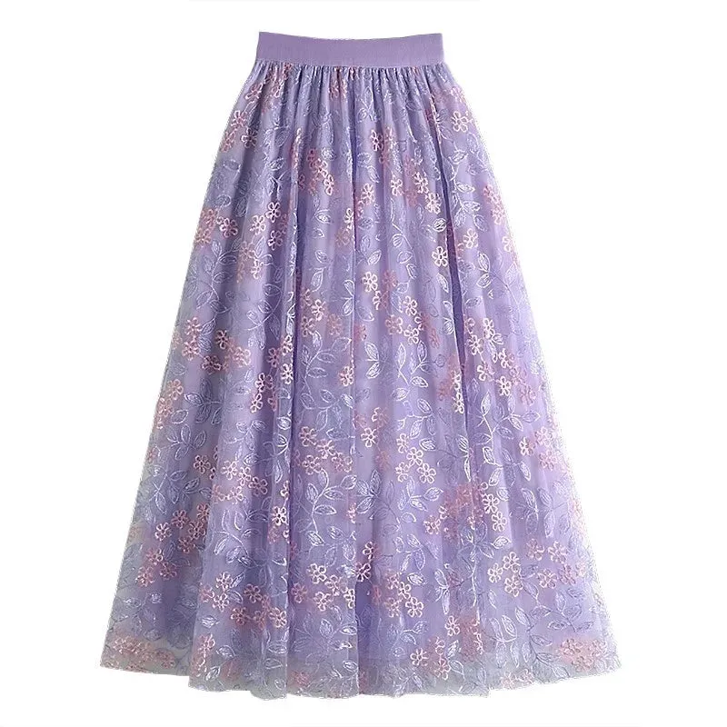 Primrose's Floral Tulle Skirt Embroidered Lace High Waist Midi Skirt
