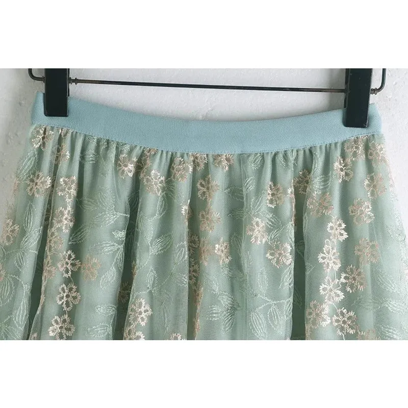 Primrose's Floral Tulle Skirt Embroidered Lace High Waist Midi Skirt