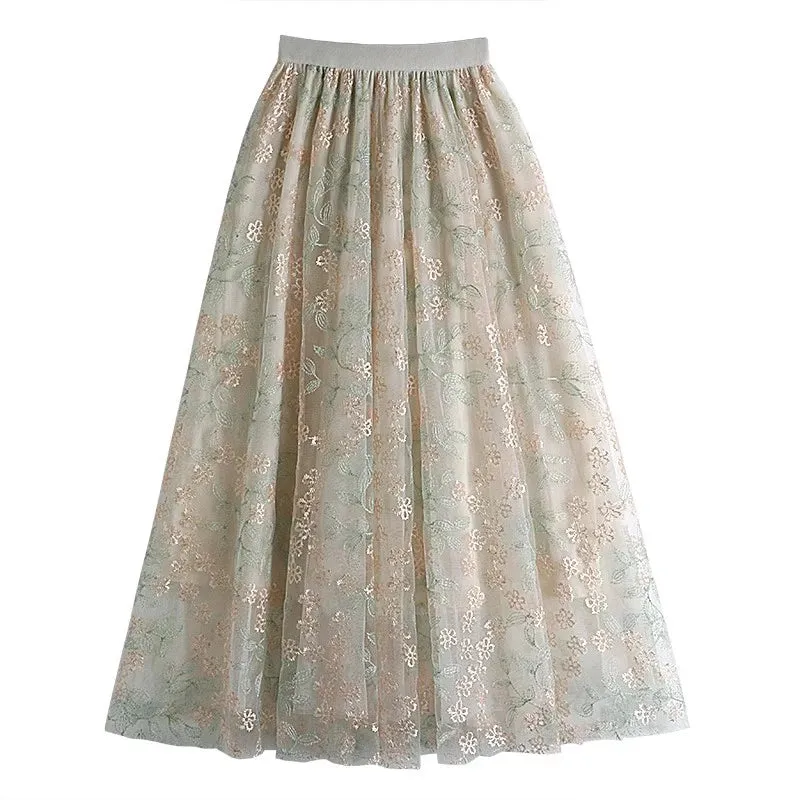 Primrose's Floral Tulle Skirt Embroidered Lace High Waist Midi Skirt