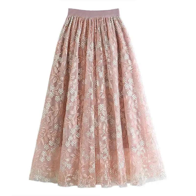 Primrose's Floral Tulle Skirt Embroidered Lace High Waist Midi Skirt