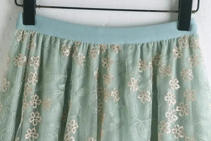Primrose's Floral Tulle Skirt Embroidered Lace High Waist Midi Skirt