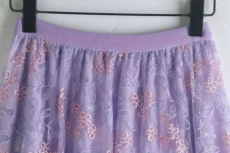 Primrose's Floral Tulle Skirt Embroidered Lace High Waist Midi Skirt