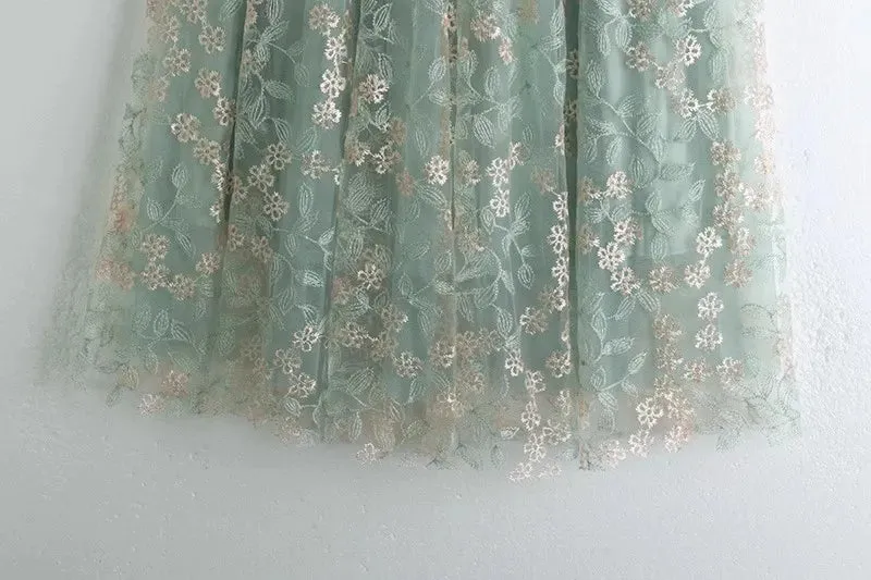 Primrose's Floral Tulle Skirt Embroidered Lace High Waist Midi Skirt