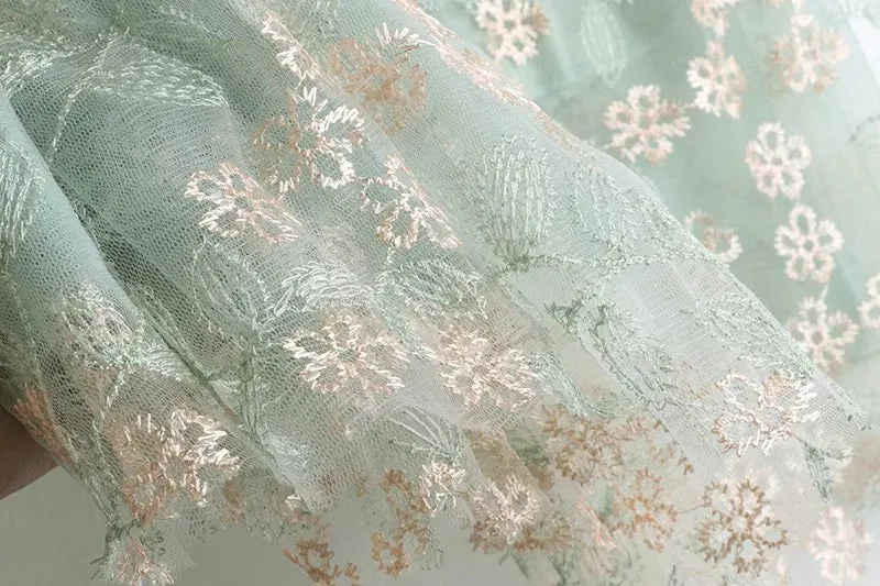 Primrose's Floral Tulle Skirt Embroidered Lace High Waist Midi Skirt