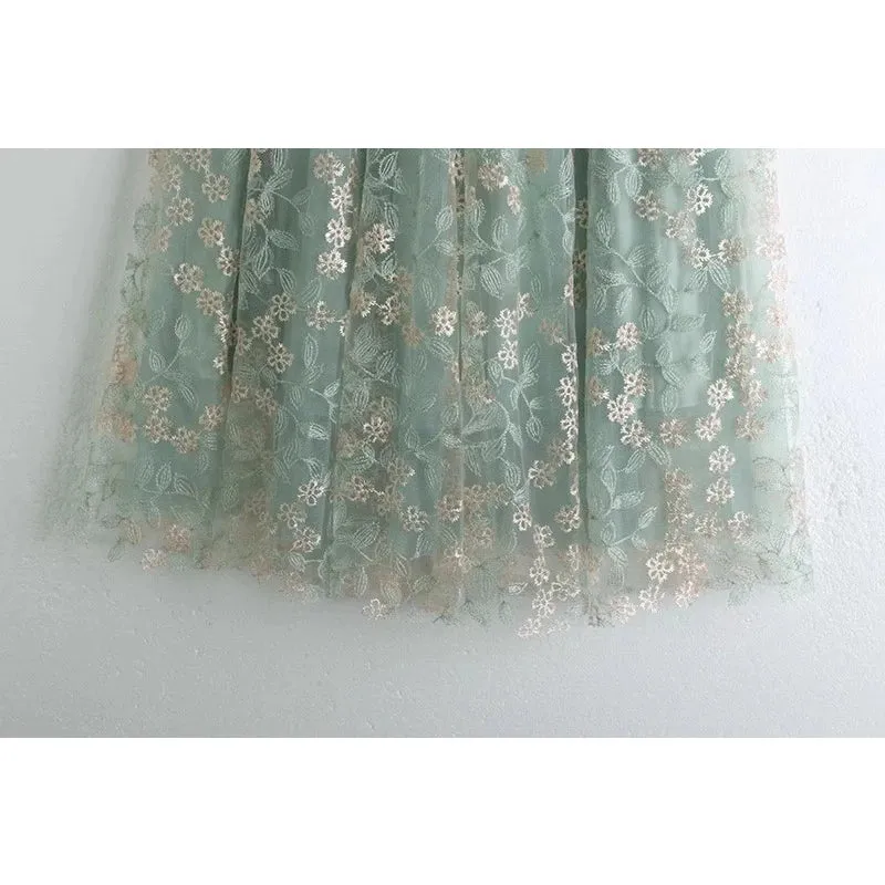 Primrose's Floral Tulle Skirt Embroidered Lace High Waist Midi Skirt