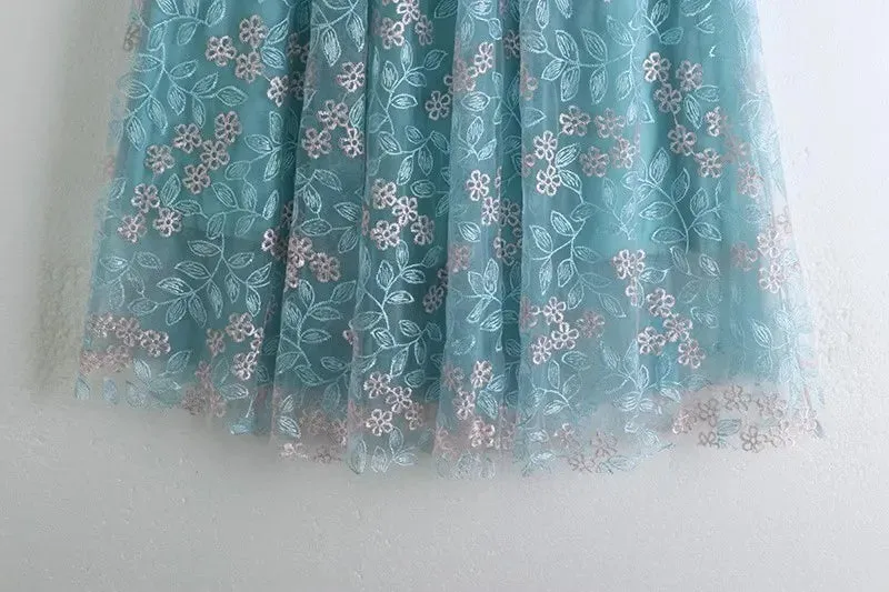 Primrose's Floral Tulle Skirt Embroidered Lace High Waist Midi Skirt