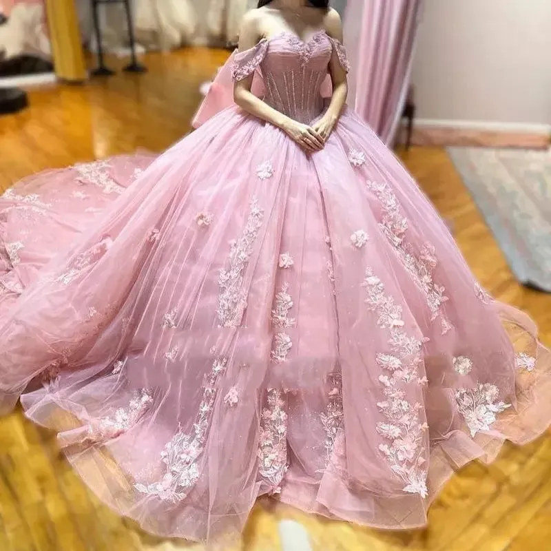 Quinceanera Dress Off The Shoulder Lace Up Back Appliques Tulle