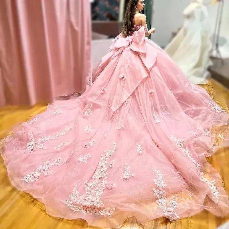 Quinceanera Dress Off The Shoulder Lace Up Back Appliques Tulle