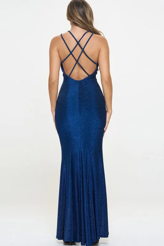 R-Blue Glitter High Neck Long cut out long Dress