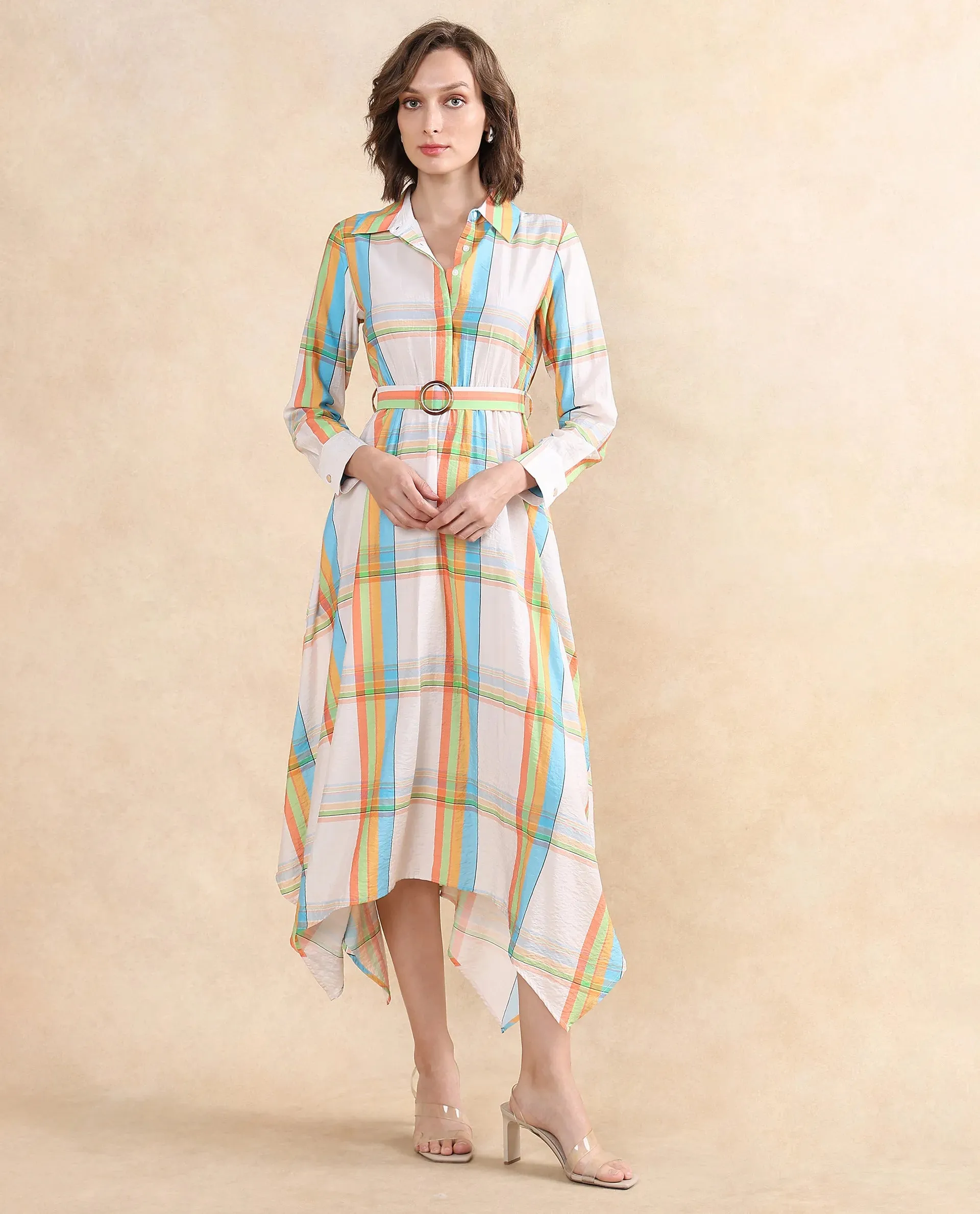 Rareism Women Ariska Multi Nylon Viscose Fabric Cuffed Sleeve Collared Neck Button Closure Fit And Flare Maxi Printed Dress