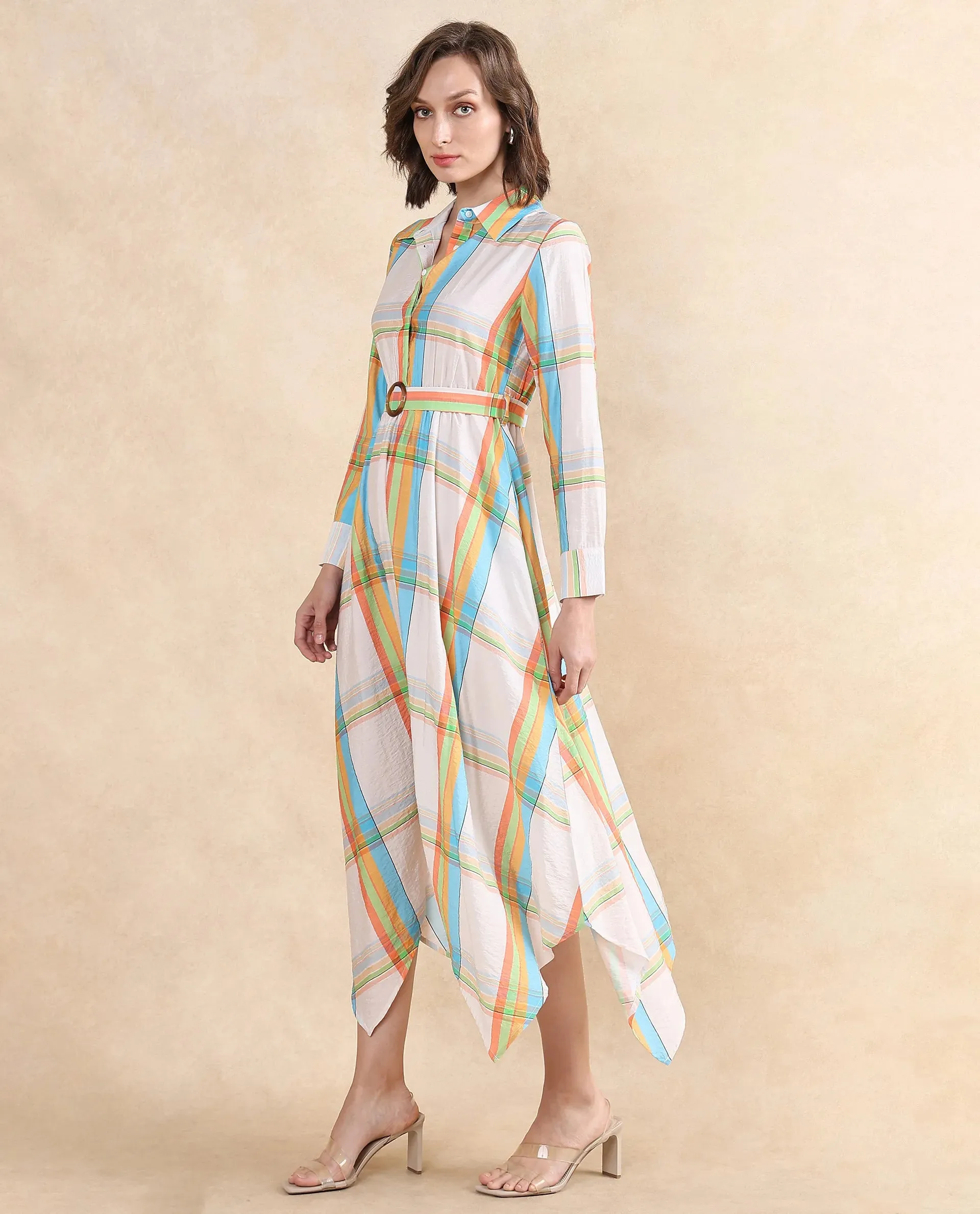Rareism Women Ariska Multi Nylon Viscose Fabric Cuffed Sleeve Collared Neck Button Closure Fit And Flare Maxi Printed Dress