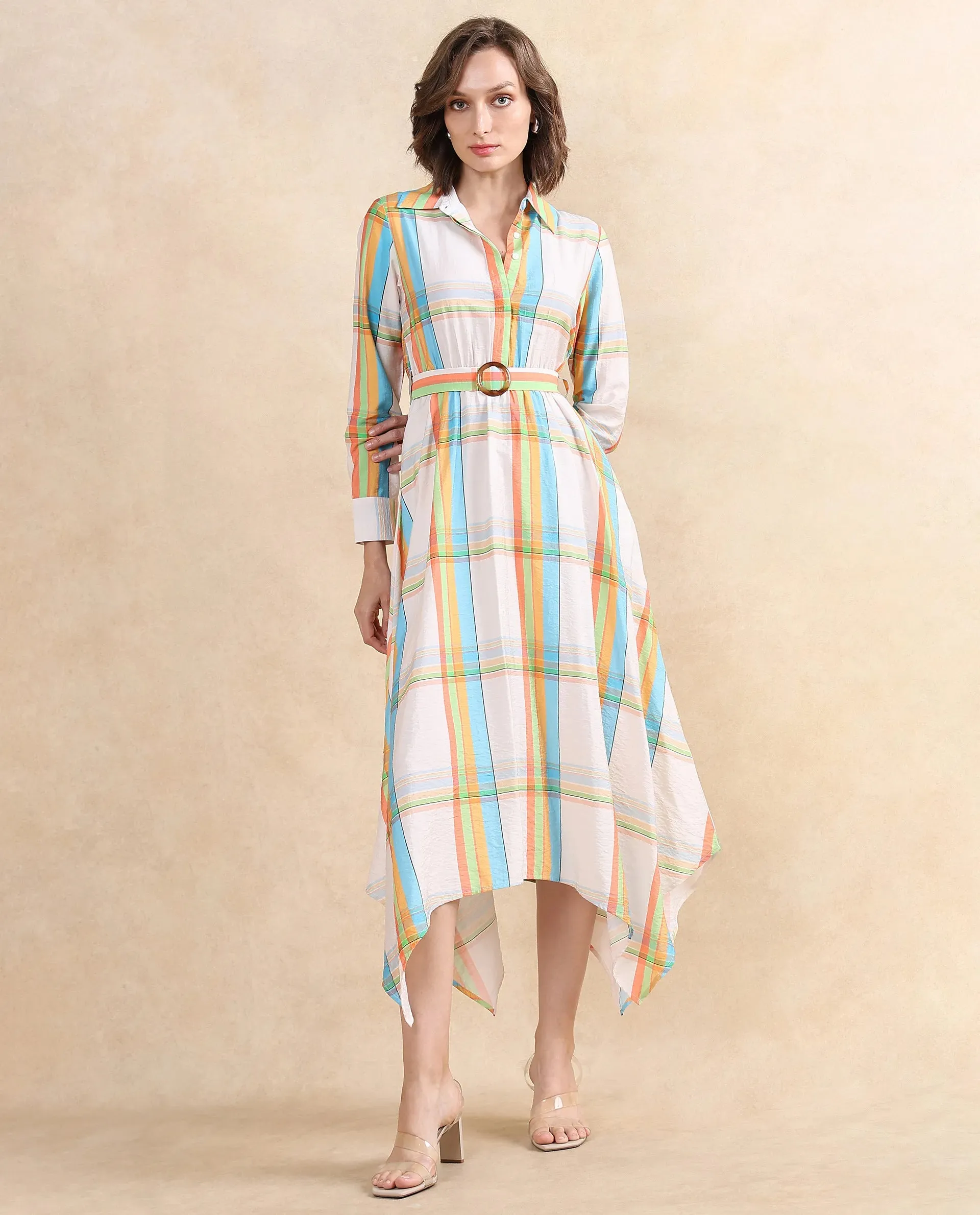 Rareism Women Ariska Multi Nylon Viscose Fabric Cuffed Sleeve Collared Neck Button Closure Fit And Flare Maxi Printed Dress
