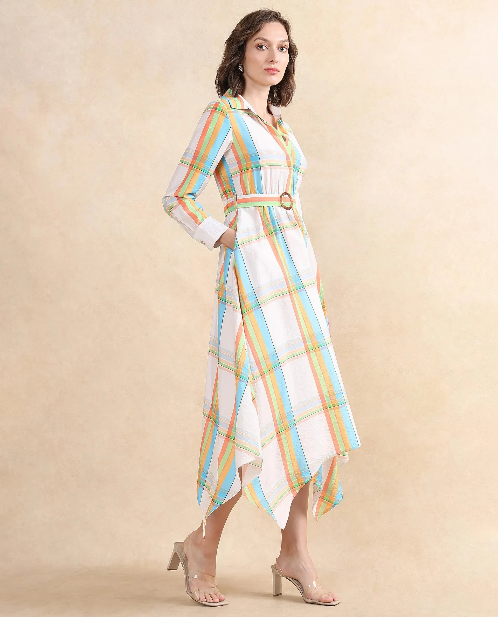 Rareism Women Ariska Multi Nylon Viscose Fabric Cuffed Sleeve Collared Neck Button Closure Fit And Flare Maxi Printed Dress