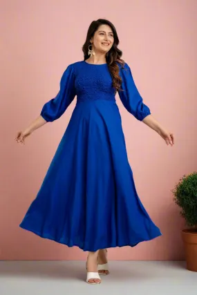 Rayol Blue Self Design Smocked Fit and Flare Maxi Dress - SHKUP1358