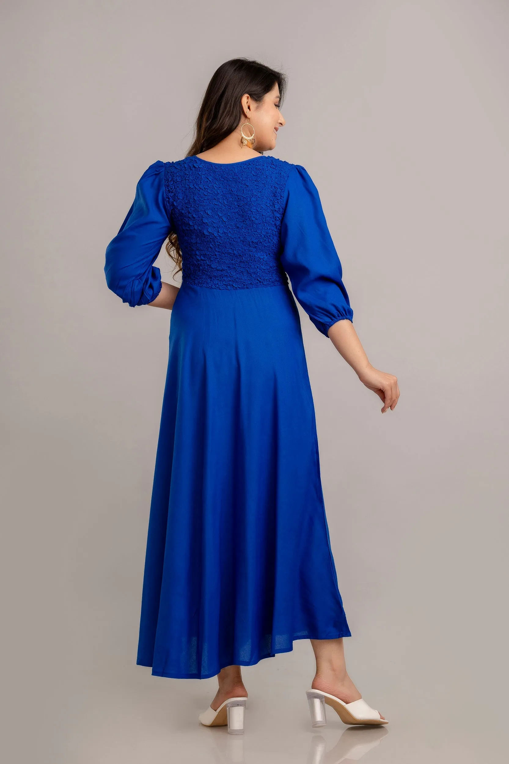 Rayol Blue Self Design Smocked Fit and Flare Maxi Dress - SHKUP1358