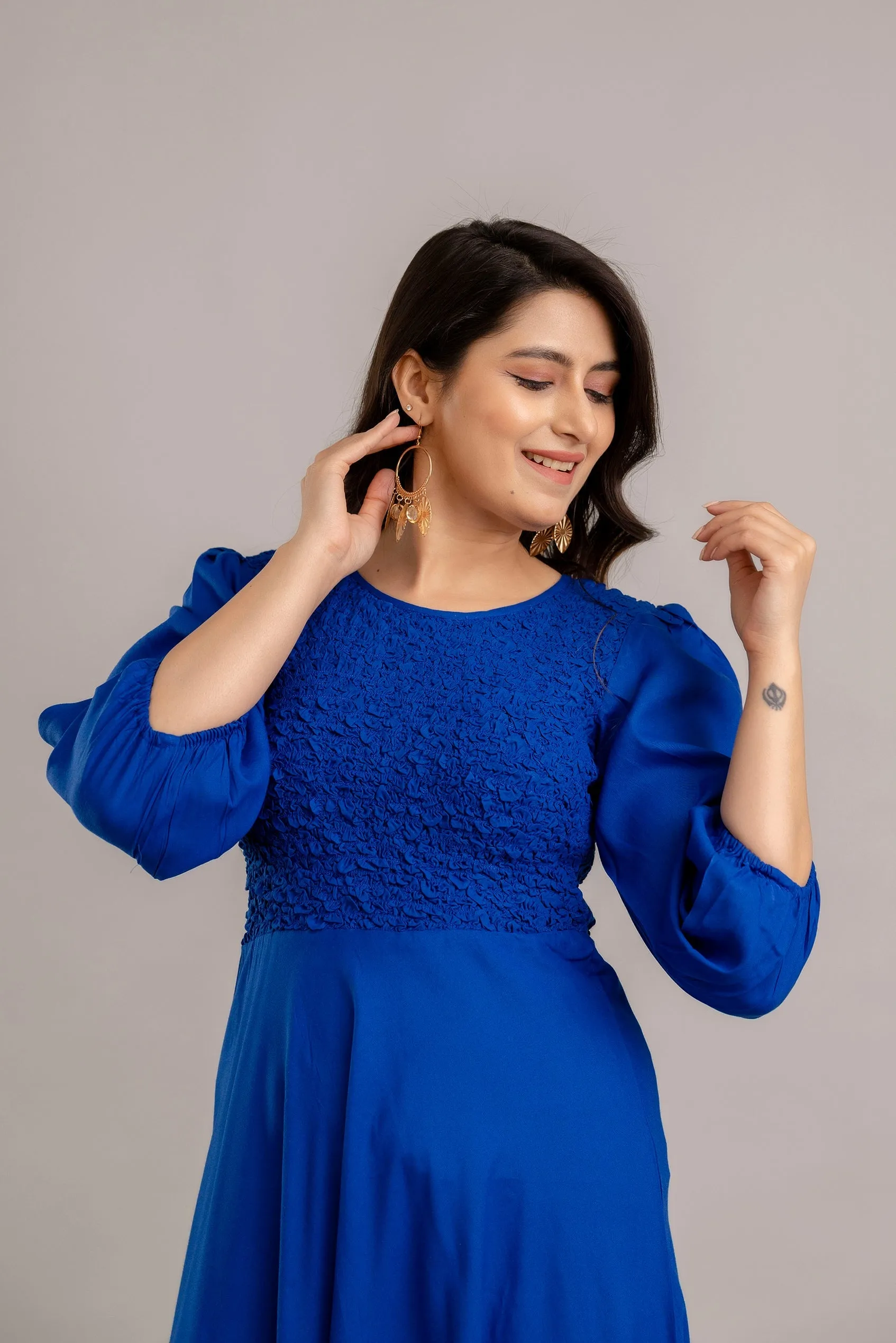 Rayol Blue Self Design Smocked Fit and Flare Maxi Dress - SHKUP1358