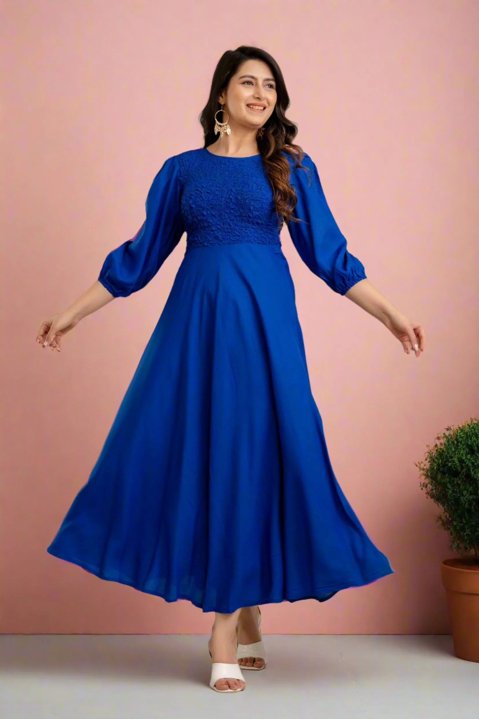 Rayol Blue Self Design Smocked Fit and Flare Maxi Dress - SHKUP1358