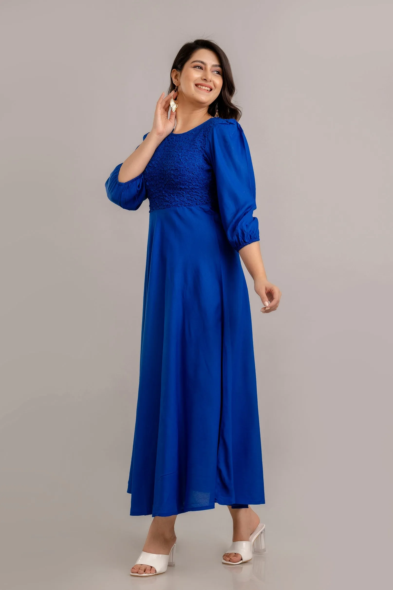 Rayol Blue Self Design Smocked Fit and Flare Maxi Dress - SHKUP1358
