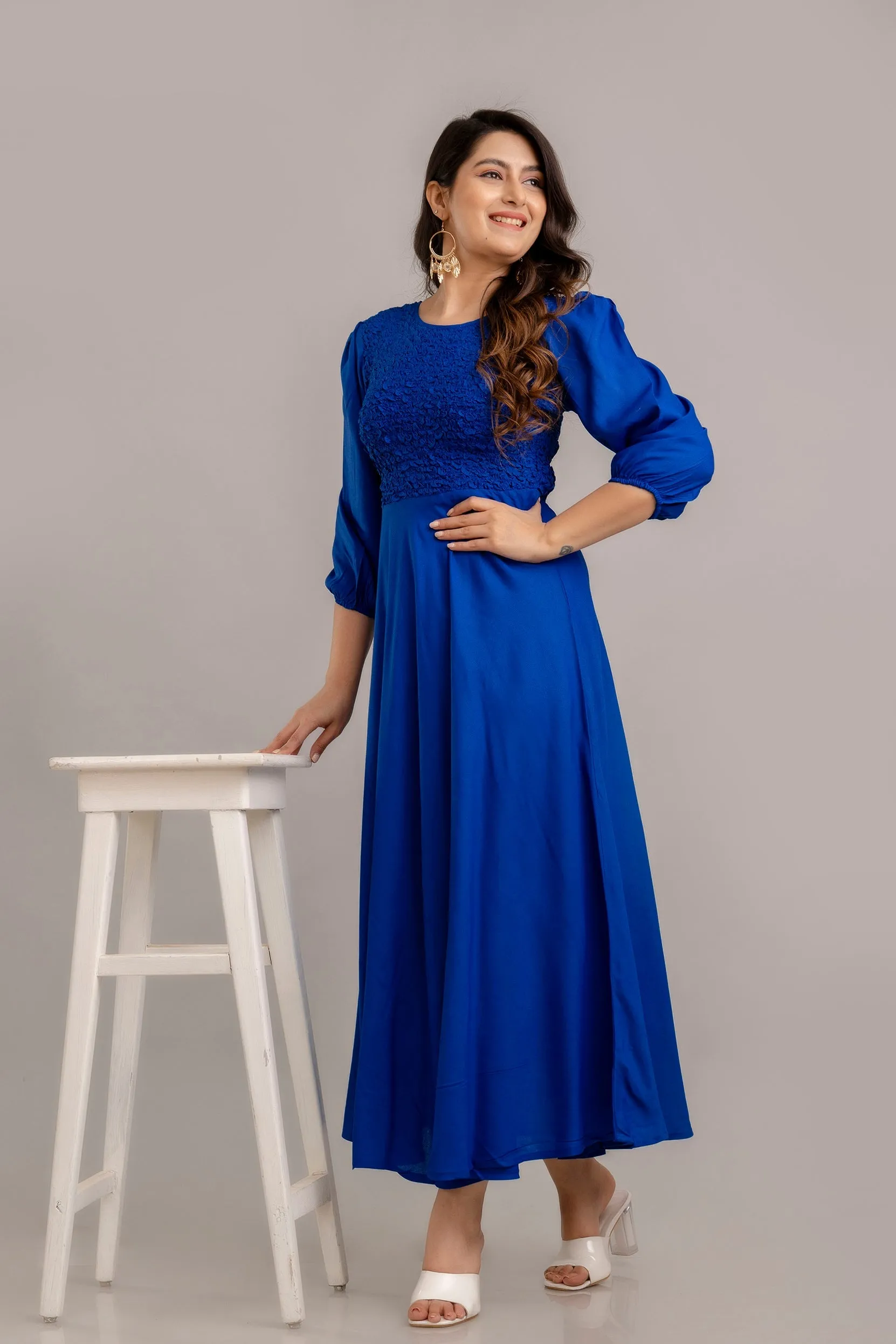 Rayol Blue Self Design Smocked Fit and Flare Maxi Dress - SHKUP1358