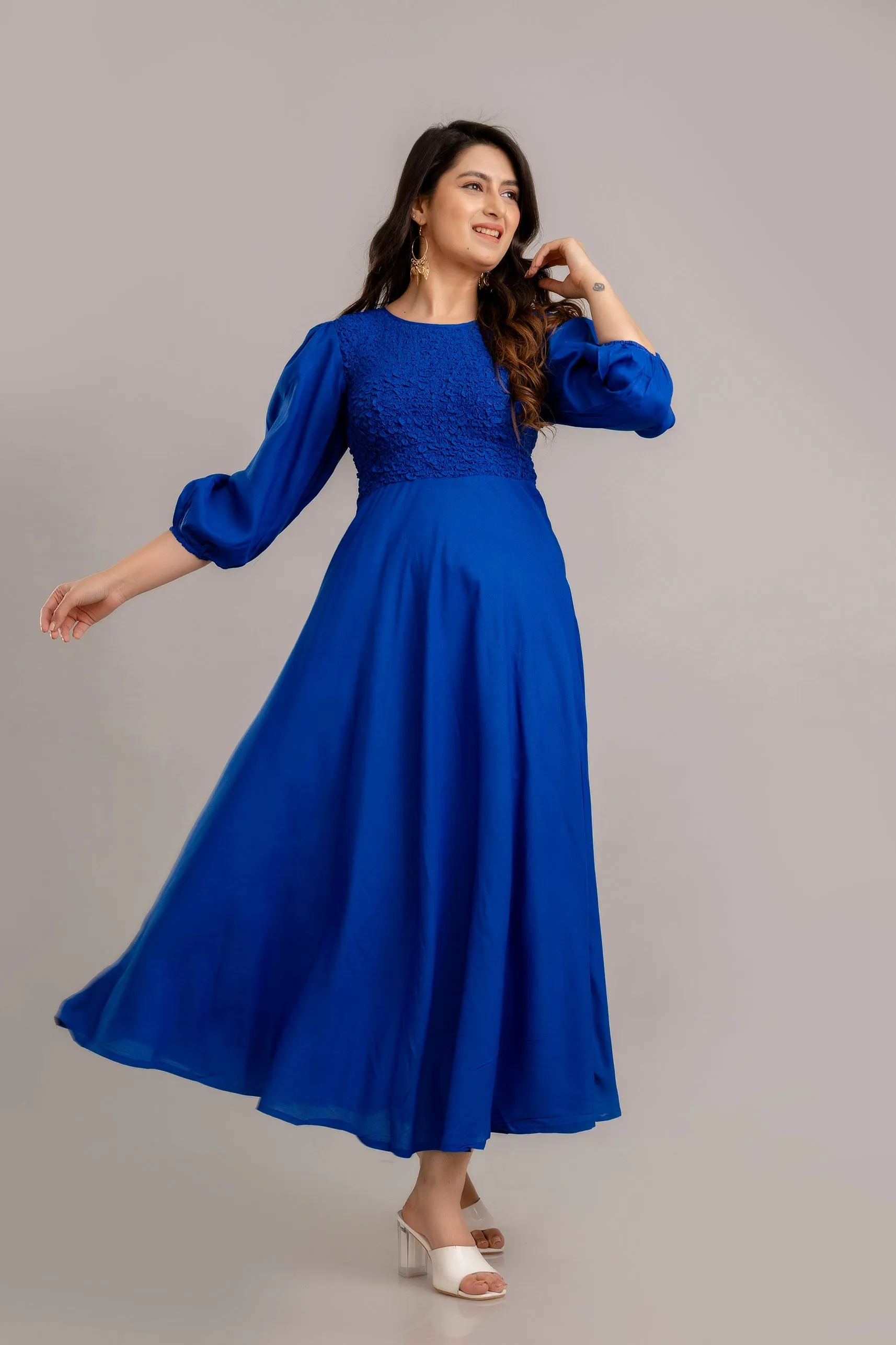 Rayol Blue Self Design Smocked Fit and Flare Maxi Dress - SHKUP1358