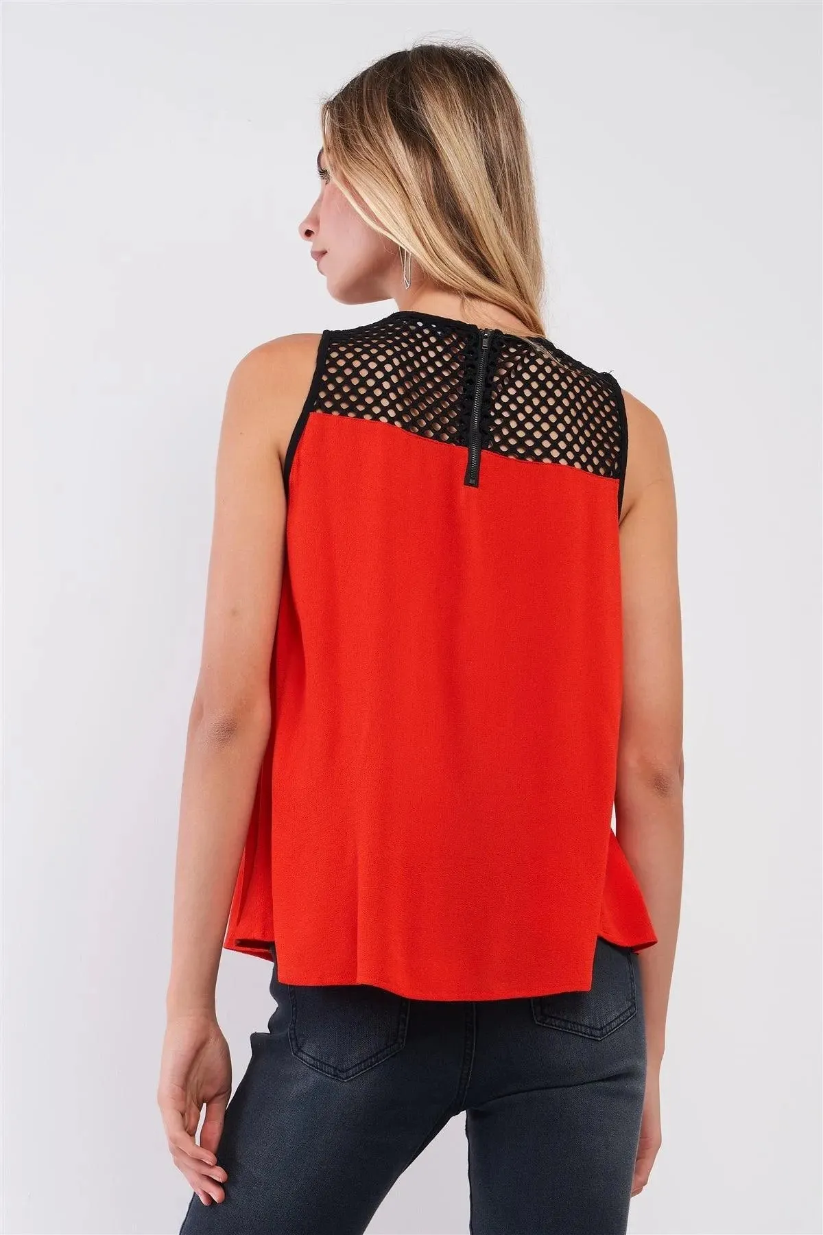 Red & Black Tennis Net Neckline Trim Relaxed Babydoll Top