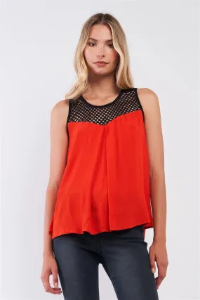 Red & Black Tennis Net Neckline Trim Relaxed Babydoll Top