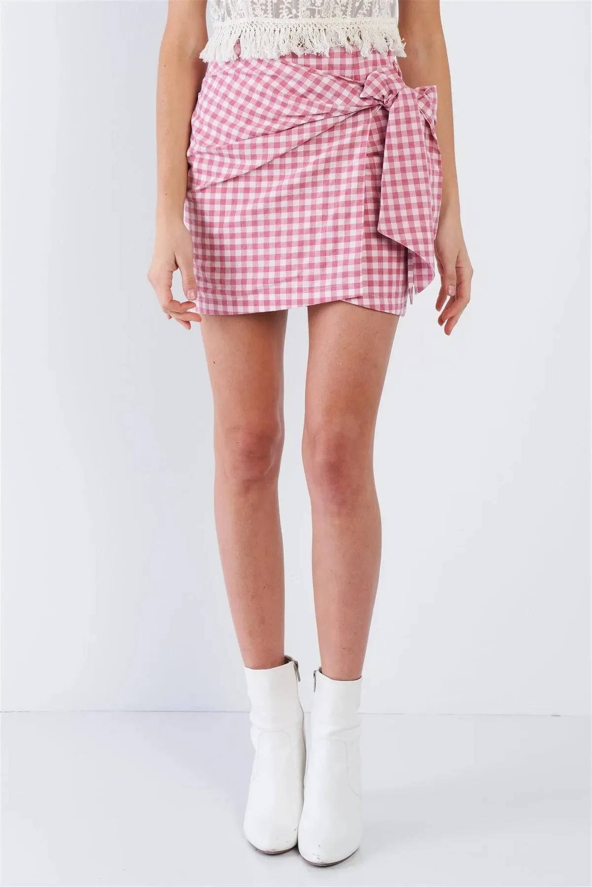 Red Checkered Mock Wrap Vintage Chic Mini Skirt  /3-2-1
