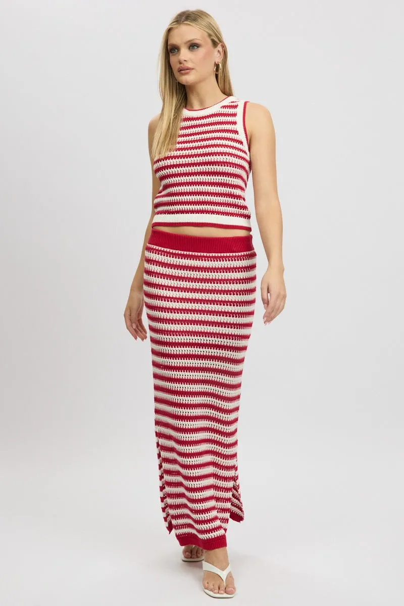 Red Stripe Crochet Knit Skirt Elastic Waist Midi Lined
