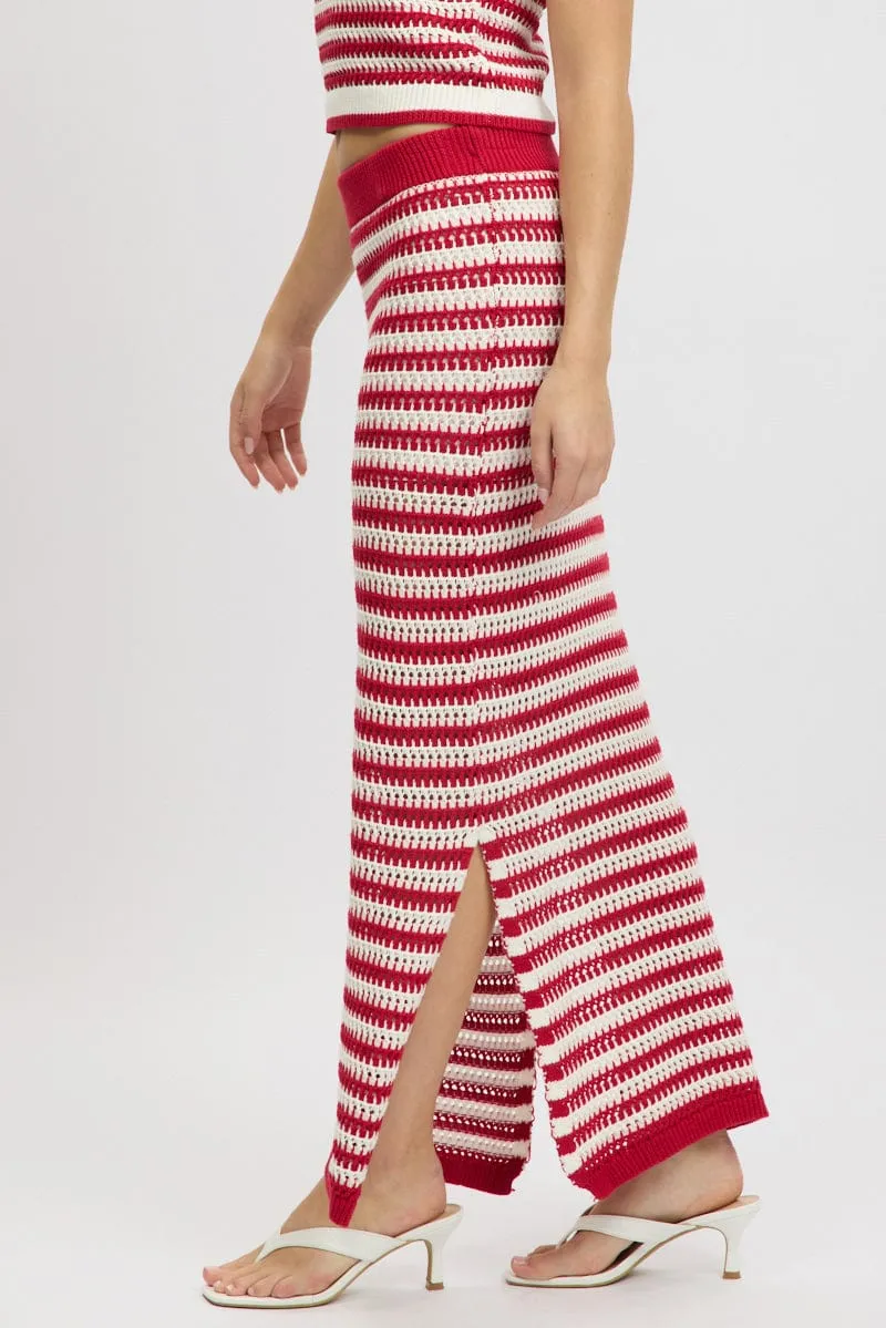 Red Stripe Crochet Knit Skirt Elastic Waist Midi Lined