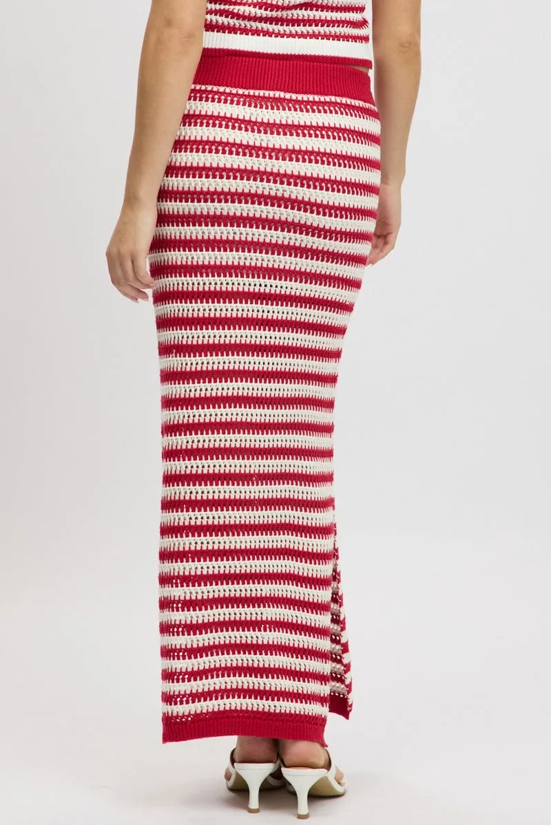 Red Stripe Crochet Knit Skirt Elastic Waist Midi Lined